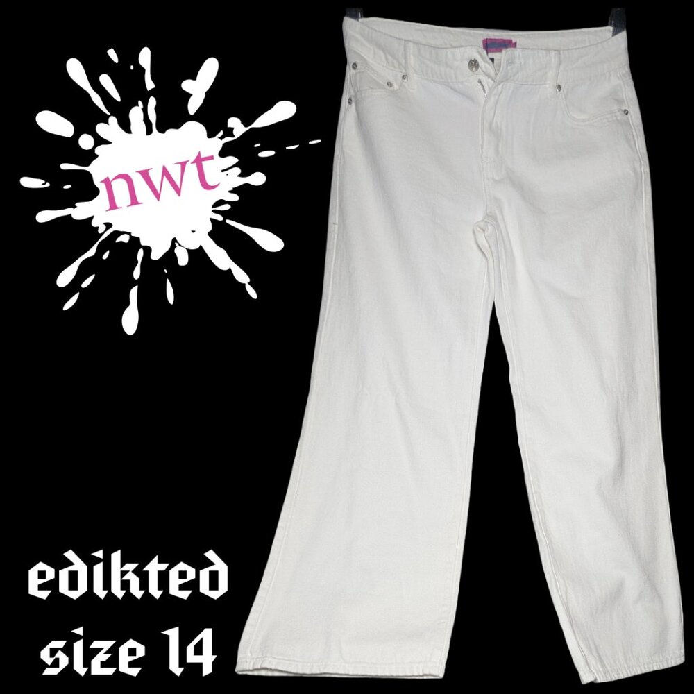 NWT Edikted Size 14 Bright White Bootcut Wide Leg Jeans 100% Cotton